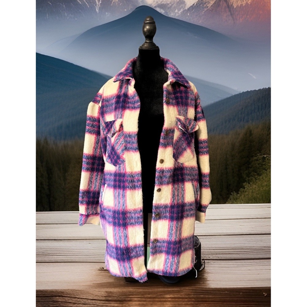 Madden NYC Pink/Blue Plaid Shacket Jacket Women's Size Large.
